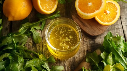 Dressing for salad with lemon olive oil and orange fruit