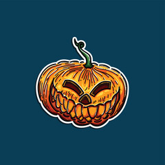 Halloween artwork featuring an orange pumpkin with carved sinister face. Perfect for decoration, or festive holiday designs, highlighting a spooky and delightful seasonal atmosphere.