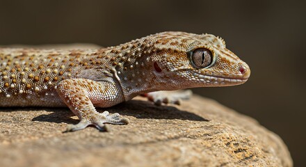 Fototapeta premium Close-up of a Mediterranean House Gecko resting on a textured rock surface