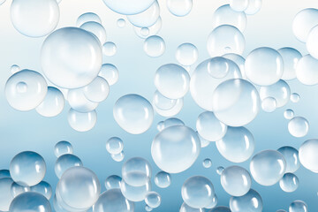 Floating translucent 3D bubbles on a soft blue background. Abstract concept of purity, hydration,...