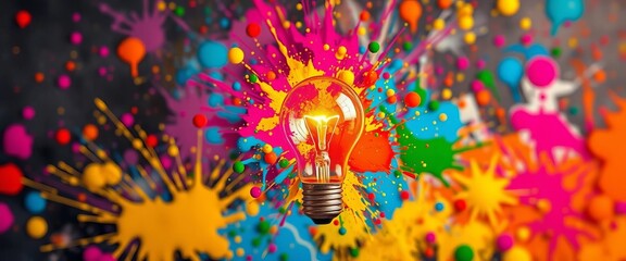 A vibrant lightbulb explodes with colorful paint splatters, a creative energy burst,  artistic,  fantasy
