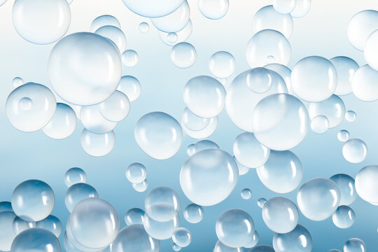 Floating translucent 3D bubbles on a soft blue background. Abstract concept of purity, hydration, freshness, and air. Ideal for skincare, cosmetic, medical, or clean design themes.	
