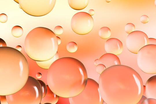 Abstract 3D render of glowing orange and yellow bubbles floating on a gradient background. Shiny liquid spheres creating a modern, vibrant and futuristic design concept.
