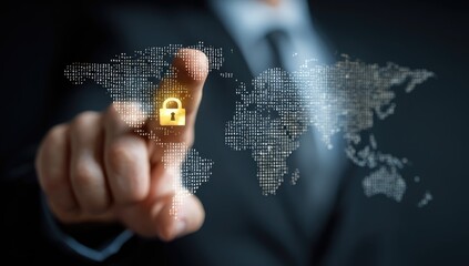 Businessman's finger points at a world map with a lock icon, signifying global security