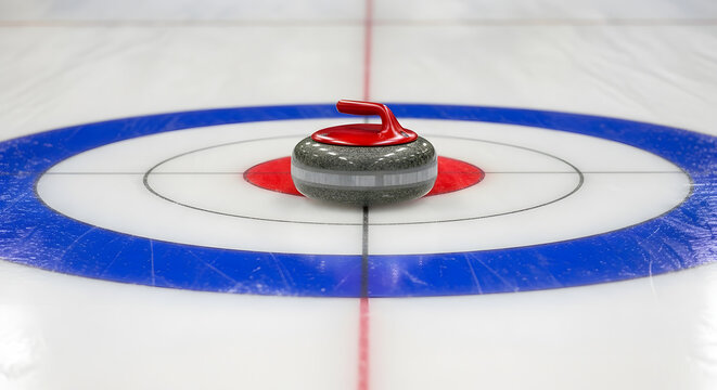 Close-up of a curling stone on the ice with red and blue rings in the background at a sports venue