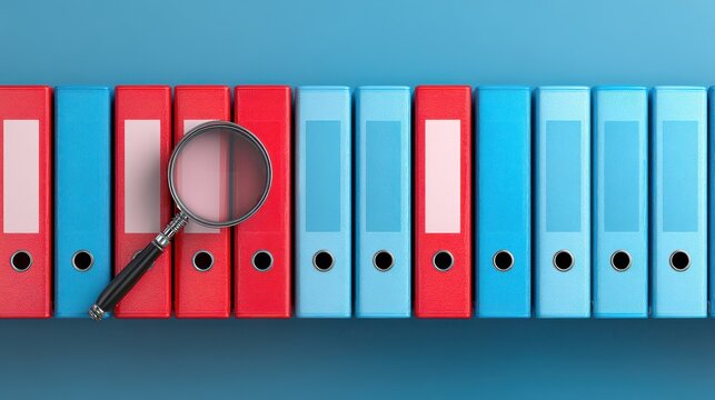 High definition photo of organized archive with ring folders in a row, one red folder, the rest blue: archive, database and search concept.