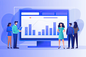 A digital illustration showing diverse people analyzing data on a large screen with graphical representations of statistics.