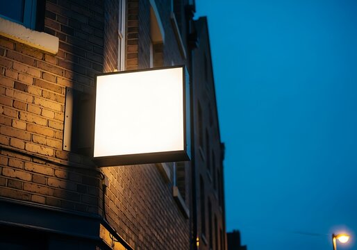 Blank illuminated square lightbox sign on a brick wall at night. Outdoor shop signage mockup for advertising.