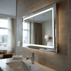 Modern bathroom with illuminated mirror and sink.