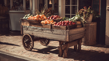 Wooden cart with fruits and vegetables on brick street