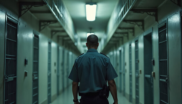 Officer walks down prison corridor, back view. Cells line hallway under harsh artificial lights. Symbolizes authority, custody, law enforcement, security, and confinement within correctional facility.
