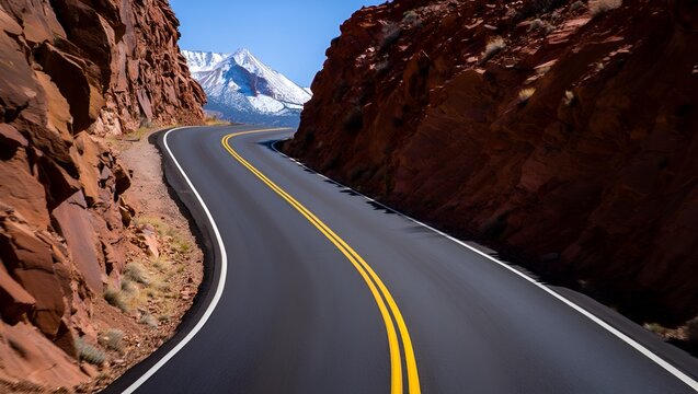 Winding asphalt road cuts through red rock canyon landscape under a bright, sunny sky scenery