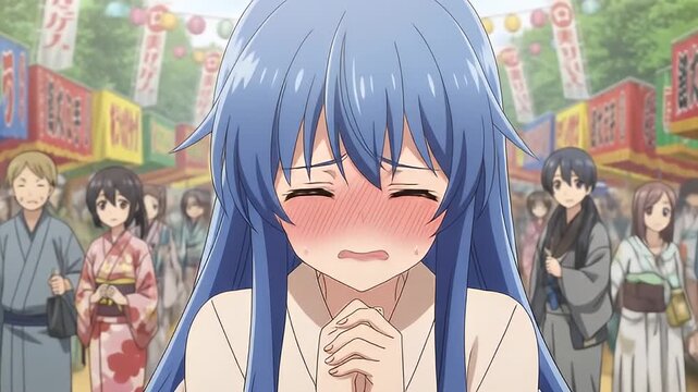 Anime girl blushing, face down, in front of a crowd at a fair with festival booths