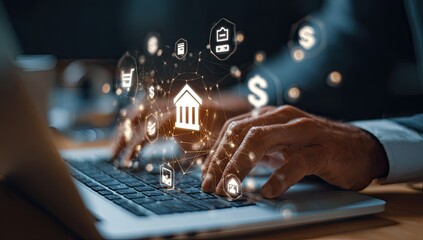 Close-up of person using laptop with financial icons overlaid
