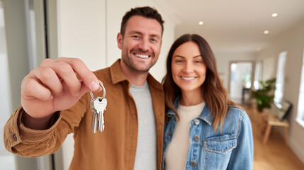 Young couple holding house keys celebrating new home purchase in modern apartment. Happy man and woman achieve property ownership milestone together showcasing real estate investment success.