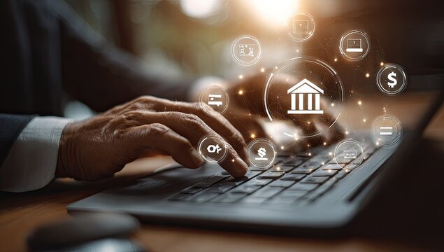 Businessman using laptop with financial icons - Powered by Adobe