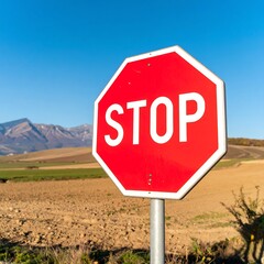 Red octagon stop sign in rural landscape