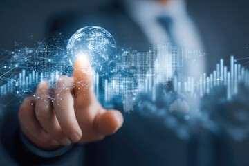 Businessman interacting with a holographic global network