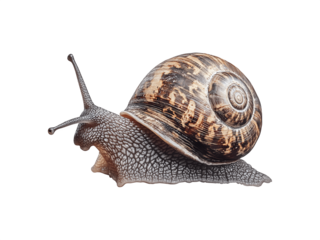 A small snail with a spiral shell and extended antennae