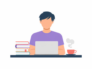 Flat illustration of a student at desk with laptop, stack of books and tea cup, modern minimal design for education and online learning concept