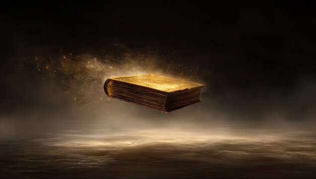 Golden book levitating in mystical atmosphere