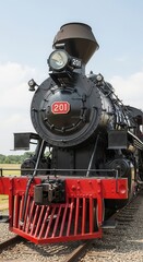 Obraz premium Front view of a vintage black steam locomotive with the number 201