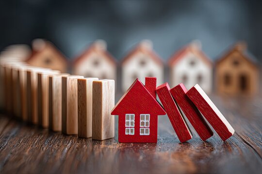 Dominoes toppling miniature houses