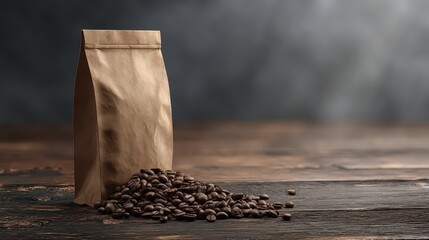 Brown Kraft Coffee Bean Bag On Dark Rustic Wood