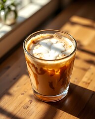 Iced Coffee with Milk Swirl in Morning Light.