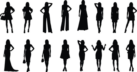 Silhouette of Stylish Women in Fashion Outfits Posing Confidently for Modern Clothing, Apparel, and Model Design Concept Illustration