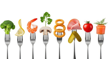 Broccoli fennel shrimp mushroom parsley onion ring ham pickle tomato salmon and dill arranged creatively on forks isolated on white background playful and fresh food concept