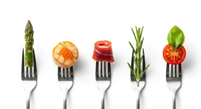 Five forks display variety of fresh ingredients including asparagus, scallop with roe, cured meat, rosemary, and tomato with basil, arranged row white background, evoking gourmet and creative