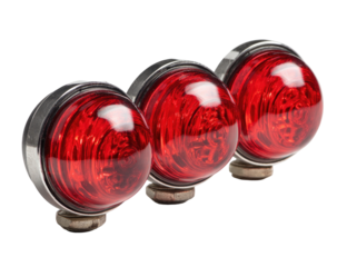 Three round, red automotive tail lights mounted in a row.  Metal bezels
