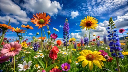 Fototapeta premium Colorful wildflower field under a blue sky