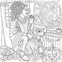 Woman and dog at home celebrate Halloween. Halloween decorations.Coloring book antistress for children and adults. 