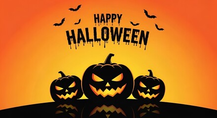 A spooky halloween scene with three glowing pumpkins and bats flying against an orange gradient background