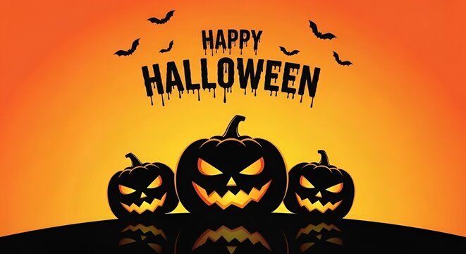 A spooky halloween scene with three glowing pumpkins and bats flying against an orange gradient background