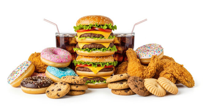 Stacked cheeseburger, fried chicken, colorful donuts, chocolate chip cookies, and soft drinks on white background, showcasing fast food and sweet treats in tempting, indulgent display