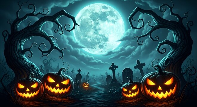 A spooky halloween graveyard scene with glowing jackolanterns under a full moon at night