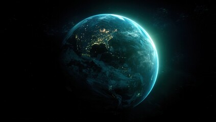 Glowing earth seen from space with city lights illuminating the night