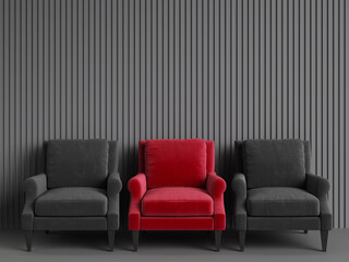 A redchair among pink chairs on pink  backgrond. Concept of minimalism. 3d rendering mock up