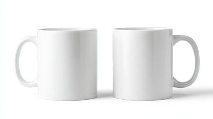 High definition photo of two blank white coffee mugs on a white background.