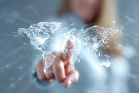 Woman's finger points at a world map overlay