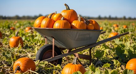 Autumn Harvest: Wheelbarrow Full of Pumpkins in a Field