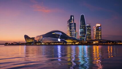 Experience the dynamic skyline of modern city at sunset, with stunning waterfront views and vibrant reflections creating a captivating urban landscape video sequence - Powered by Adobe
