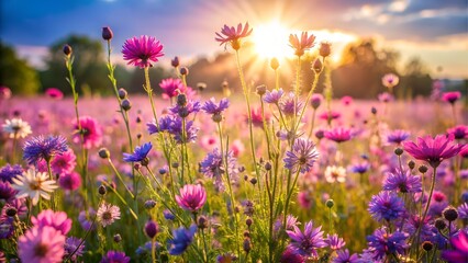 Fototapeta premium Vibrant wildflower meadow at golden hour sunset