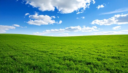 Expansive green field under a vibrant blue sky