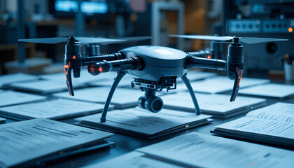 Modern drone with camera surveying documents for aerial data collection and advanced technology