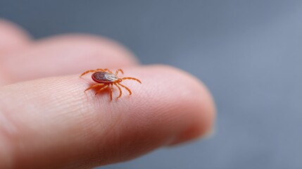 Naklejka premium A close-up of a small tick on a human finger. This macro photo captures the tiny features of the tick clearly. Perfect for educational or health-related content. AI