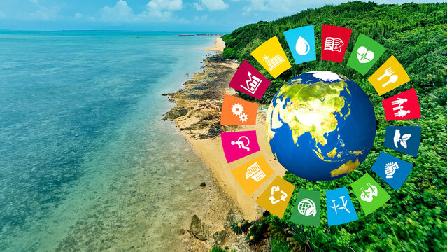 環境、地球、サステナブル、SDGs、海洋、グローバル、ドローン、持続可能な開発目標、シンボル、マーク、環境問題、社会、エコロジー、空撮、風景、自然、クリーン、グリーン、ブルーカーボン、地球温暖化、温室効果ガス、気候変動、資源、レジリエンス、サステナビリティ、ESG投資、CSR、グリーントランスフォーメーション、GX、SX、脱炭素社会、サーキュラリティ、循環型社会、森林、海岸、漁業、旅行、南国、沖縄